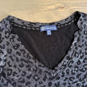 Democracy Womens Medium Short Sleeve V-Neck Linen‎ Blend Leopard Print Shirt Top